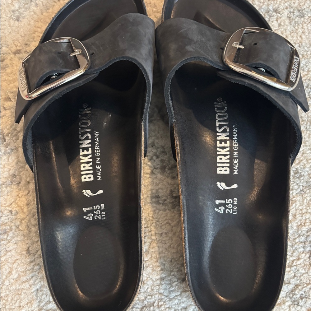 Birkenstock Madrid Black Slide Sandals with Large Silver Buckles - Picture 2 of 6